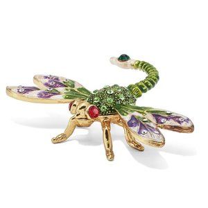 Pewter Bejeweled Crystals Gold-tone Enameled DEWEY Green Dragonfly Trinket Box